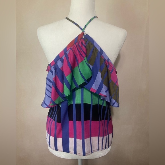 Express women's S geometric color block halter style ruffle top EUC - Picture 4 of 6